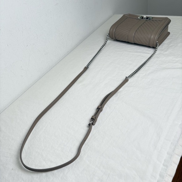 REBECCA MINKOFF Chevron Quilted Small Love Crossbody Leather Bag Taupe Sandrift - Picture 16 of 17